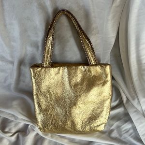 Vintage Leah Aiken Gold Lame Leather Rhinestone Handle Purse